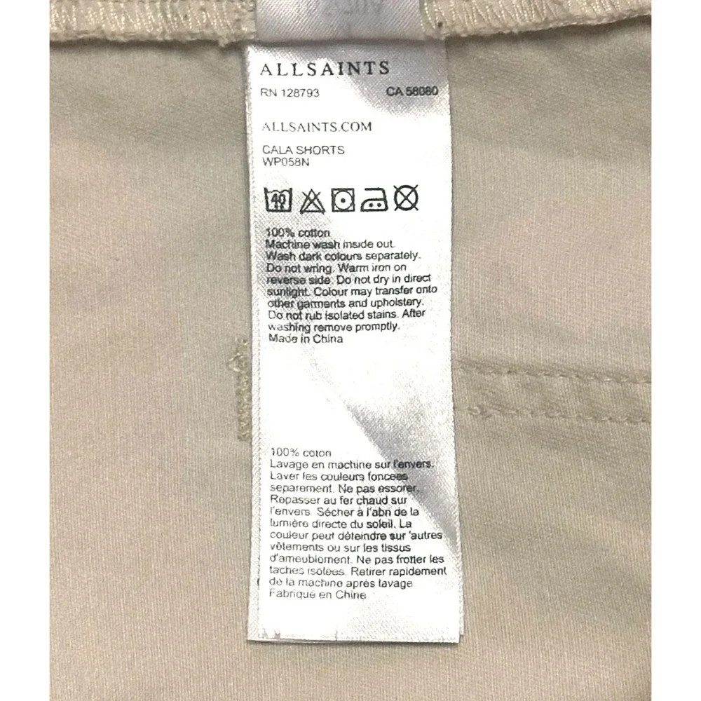 ALLSAINTS Cala Paperbag Belted Shorts Pleated Frayed Hem Beige Ivory High Rise